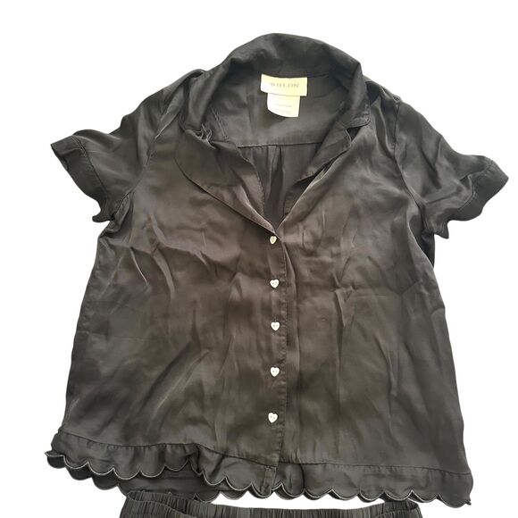 BHLDN Juniper Scalloped Satin Pajama Set Black Small - Picture 3 of 5